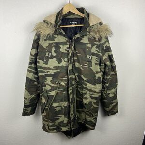 Carbon Full Zip Up Camo Coat With Hood Women’s Small Camouflage Faux Fur Trim
